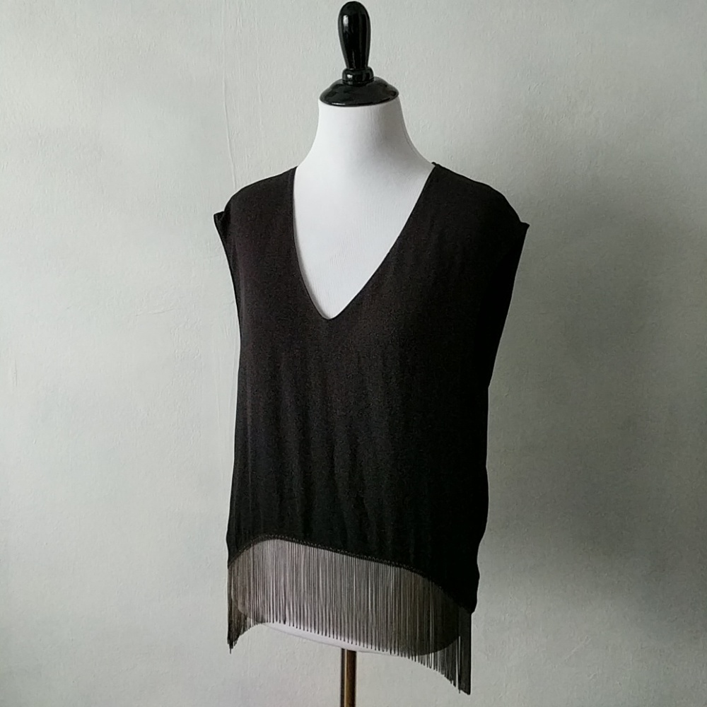 Black v neck fringe top